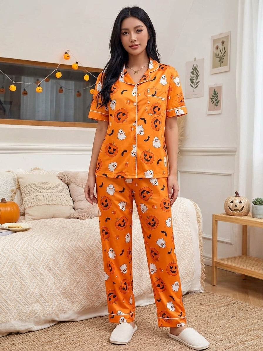 Halloween Pumpkin Print Button-Down Top and Pants Set