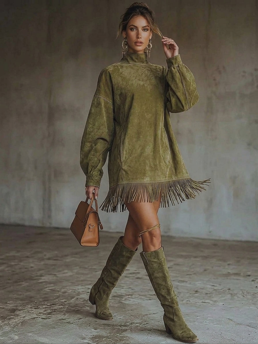 Full Size Mock Neck Fringed Hem Long Sleeve Mini Dress Plus Size