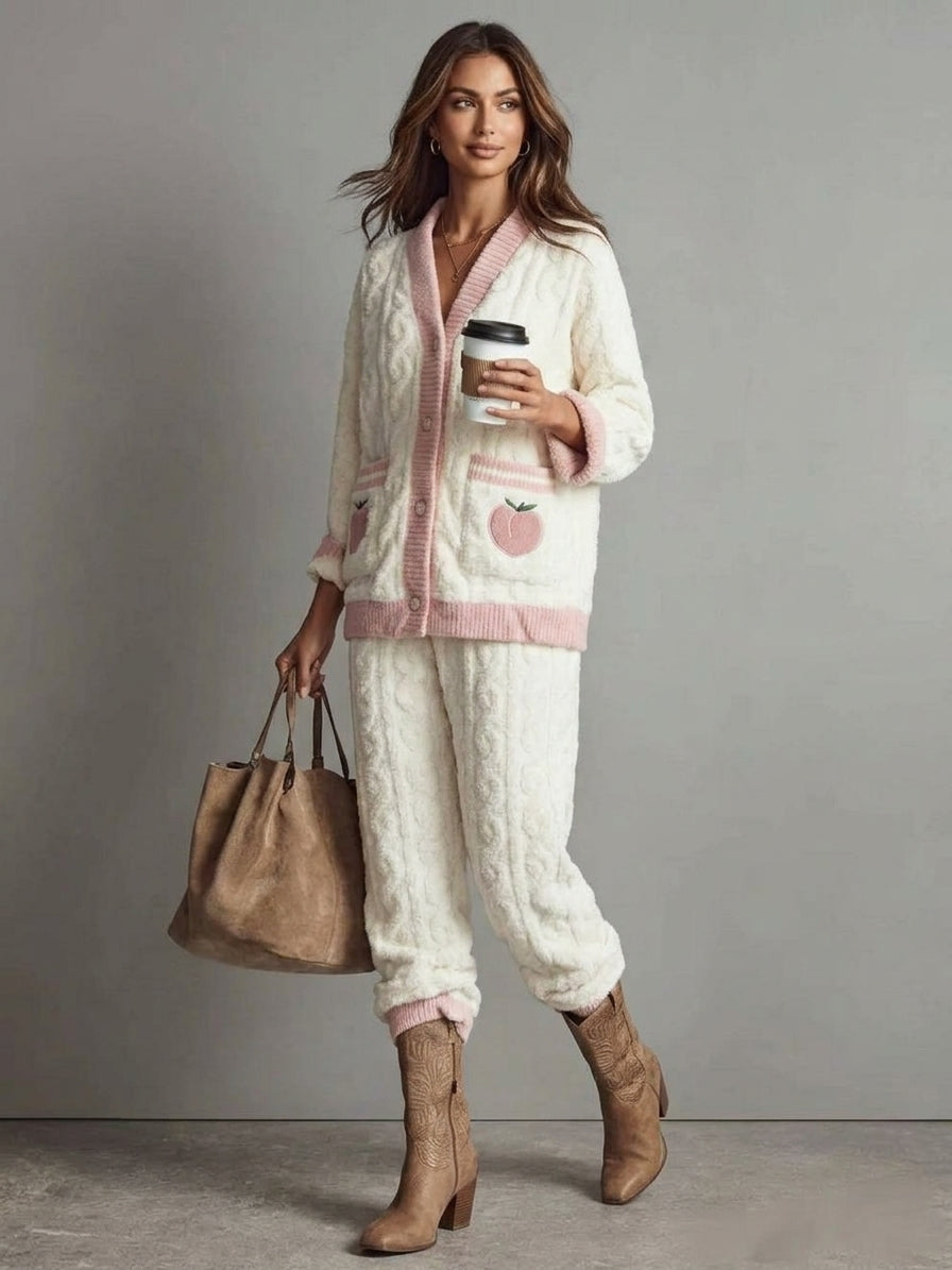 Peach Fleece Contrast Trim Top and Pants Lounge Set
