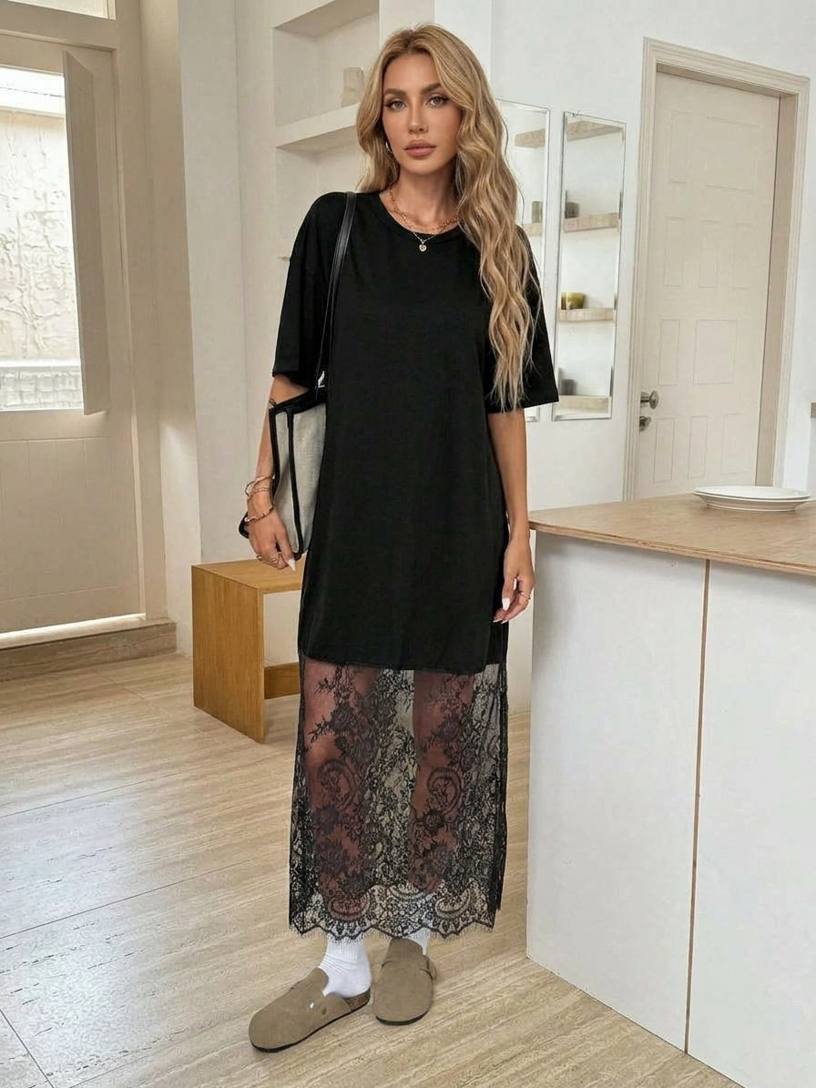 Floral Lace Hem Short Sleeve Tee Dress