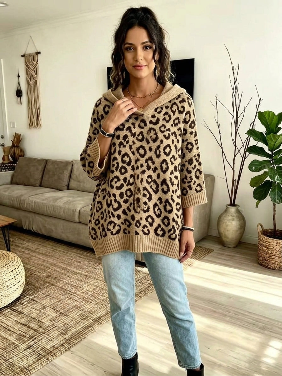 Drawstring Leopard Hooded Sweater