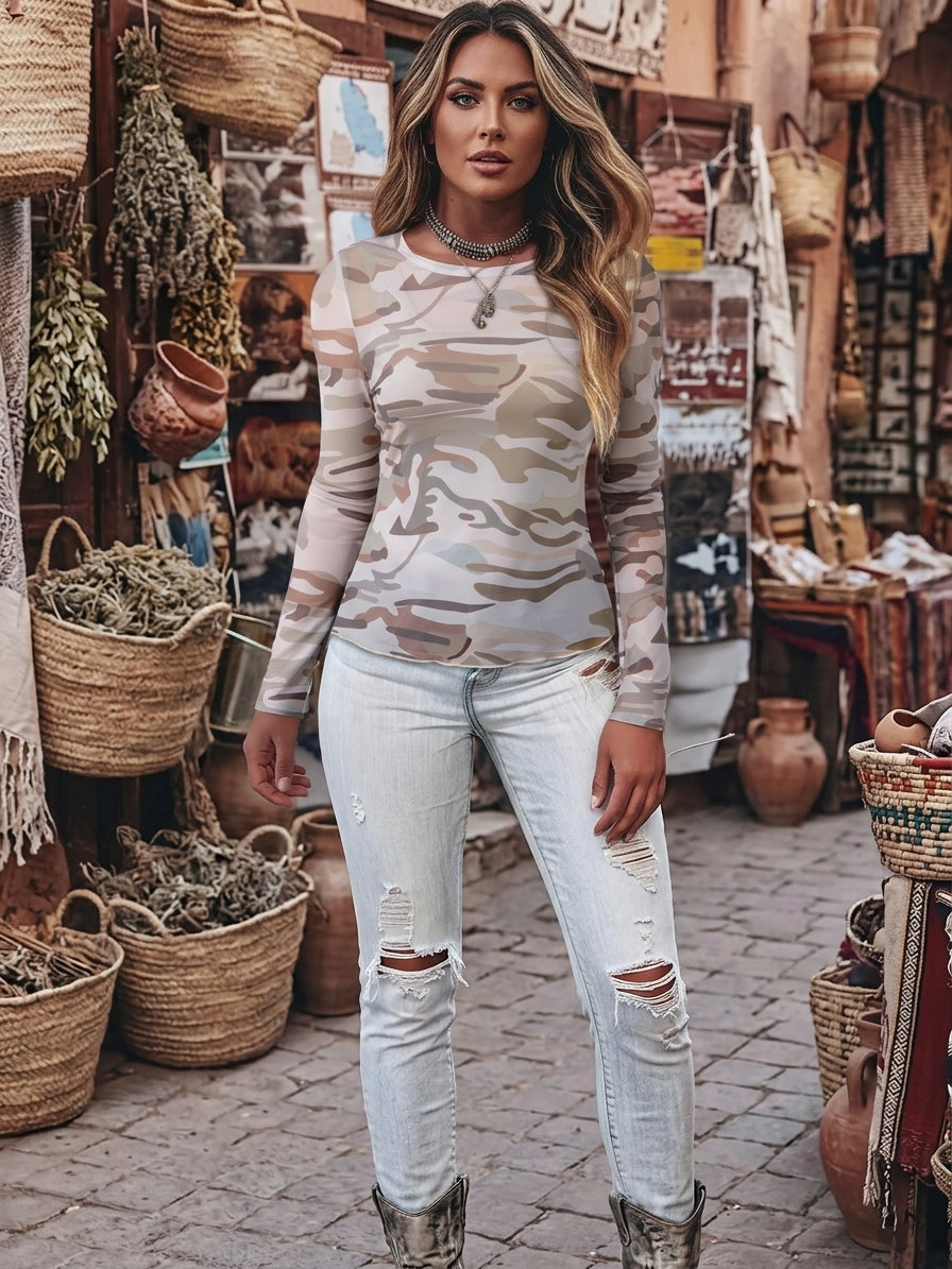 Camouflage Print Mesh Long Sleeve Top