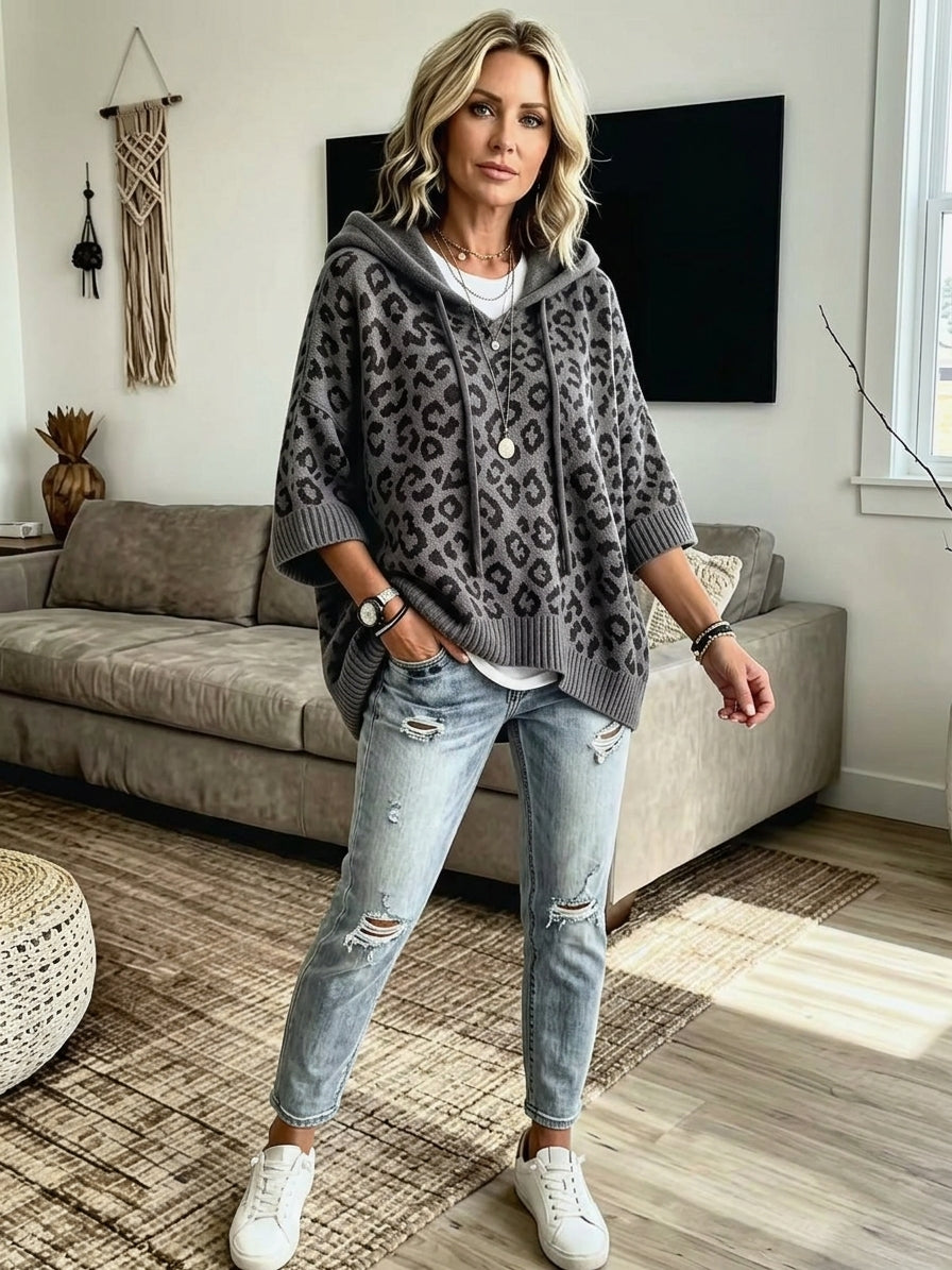 Drawstring Leopard Hooded Sweater