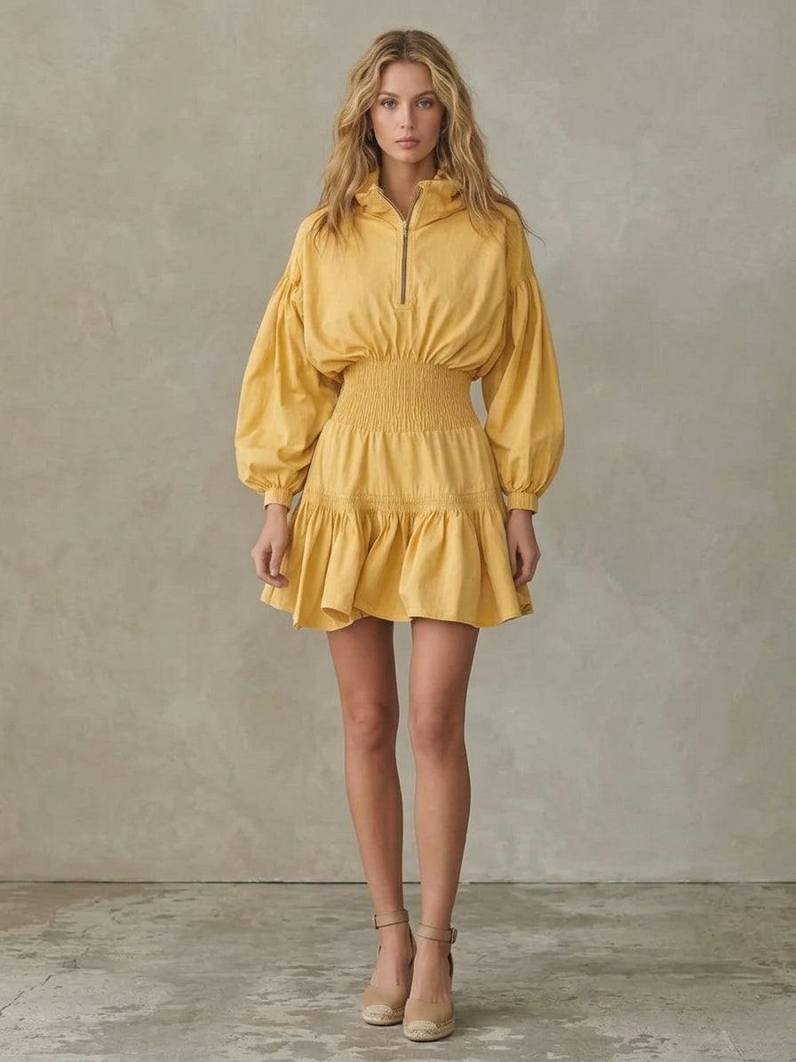 Quarter-Zip Smocked Waist Mini Dress