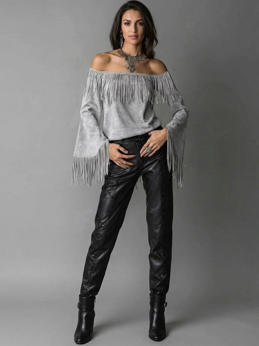 Full Size Fringed Off-Shoulder T-Shirt Plus Size