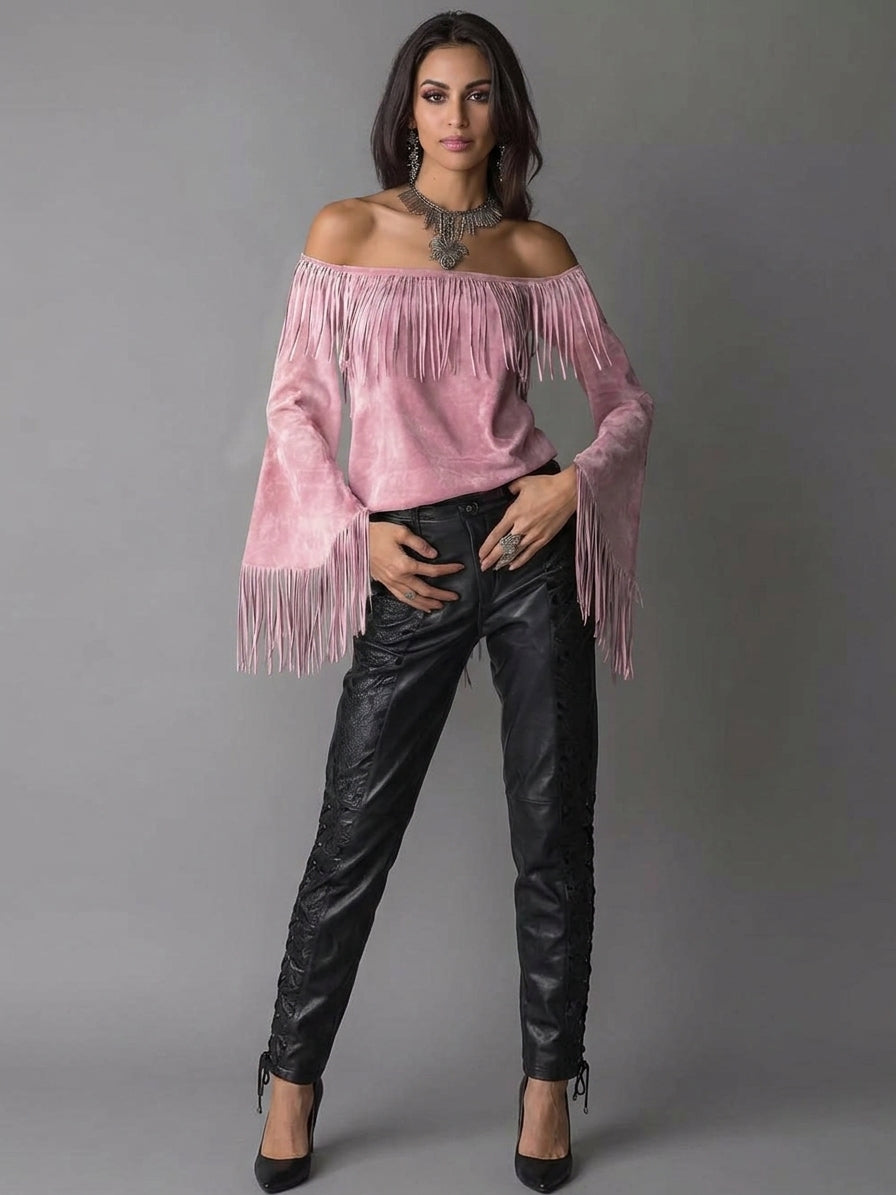 Full Size Fringed Off-Shoulder T-Shirt Plus Size