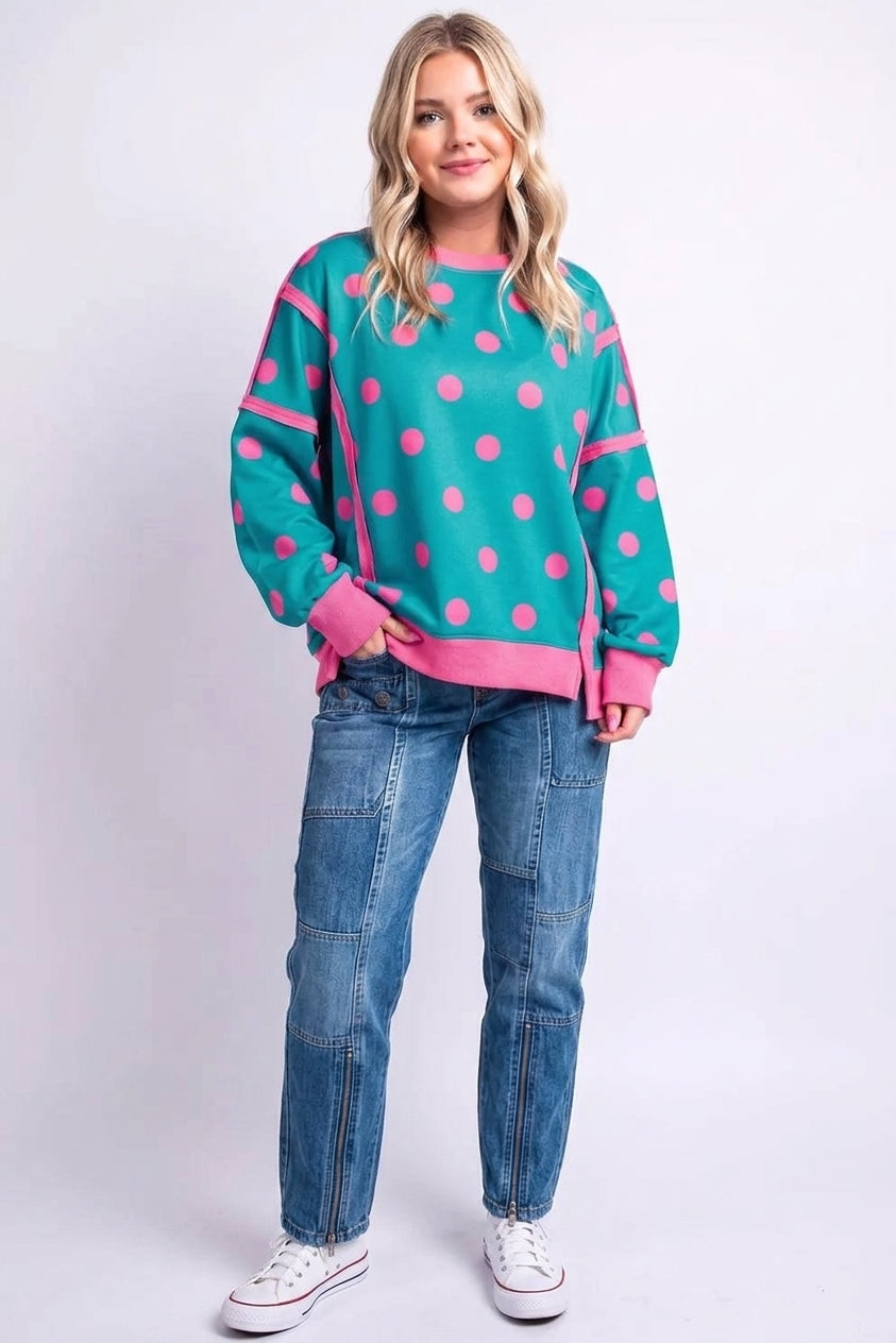 Polka Dot Contrast Patchwork Round Neck Baggy Sweatshirt