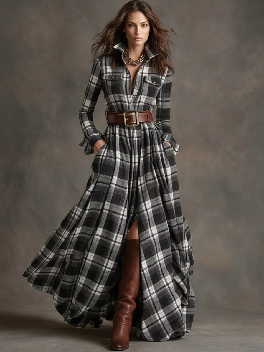 Full Size Plaid Long Sleeve Shirt Maxi Dress Plus Size