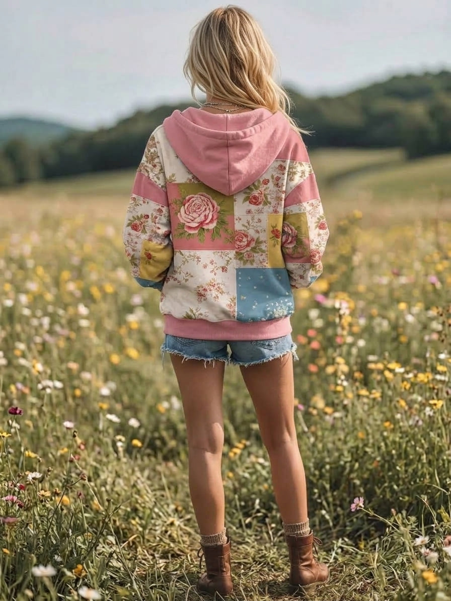 Full Size Drawstring Floral Zip-Up Sweatshirt Plus Size