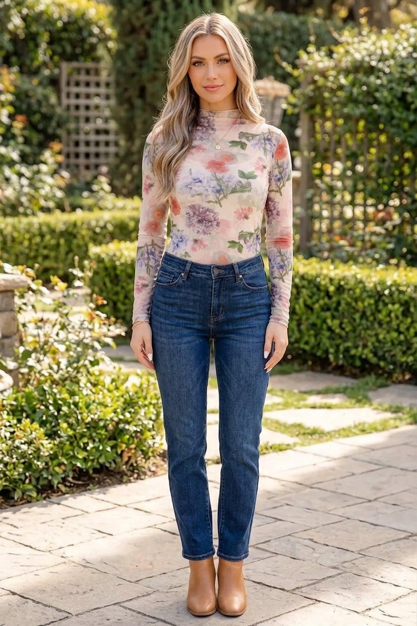 Floral Mesh Long Sleeve Thumbhole Hem Top