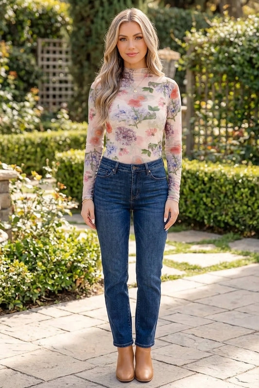 Floral Mesh Long Sleeve Thumbhole Hem Top