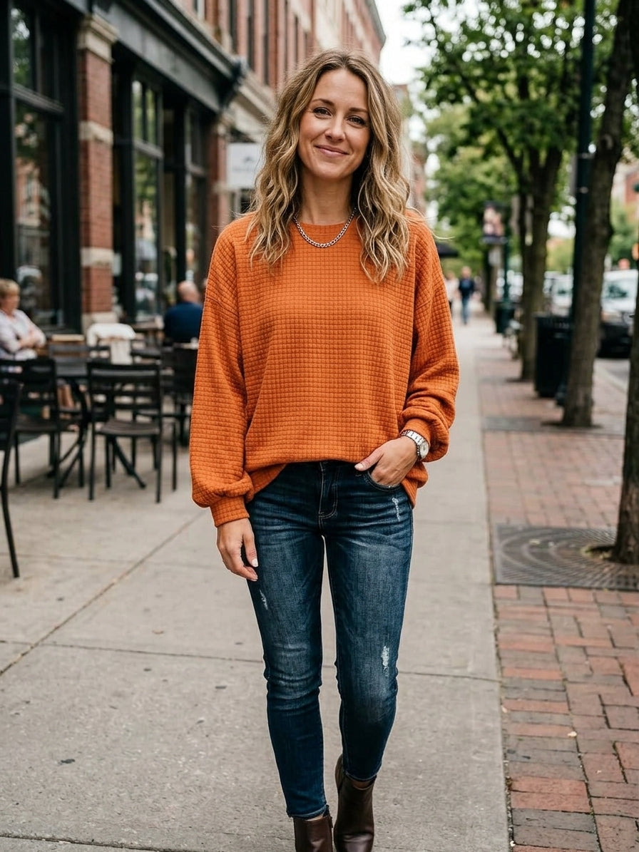 Full Size Waffle Knit Long Sleeve Crew Neck Sweatshirt Plus Size