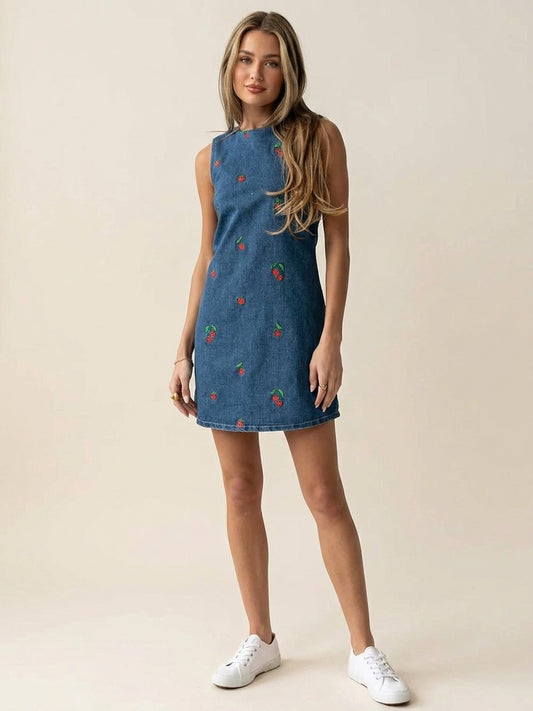 Strawberry Embroidered Sleeveless Denim Dress