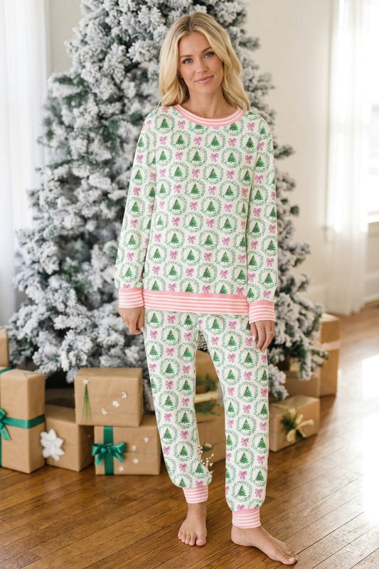 Christmas Tree Print Contrast Striped Banding 2pcs Lounge Set