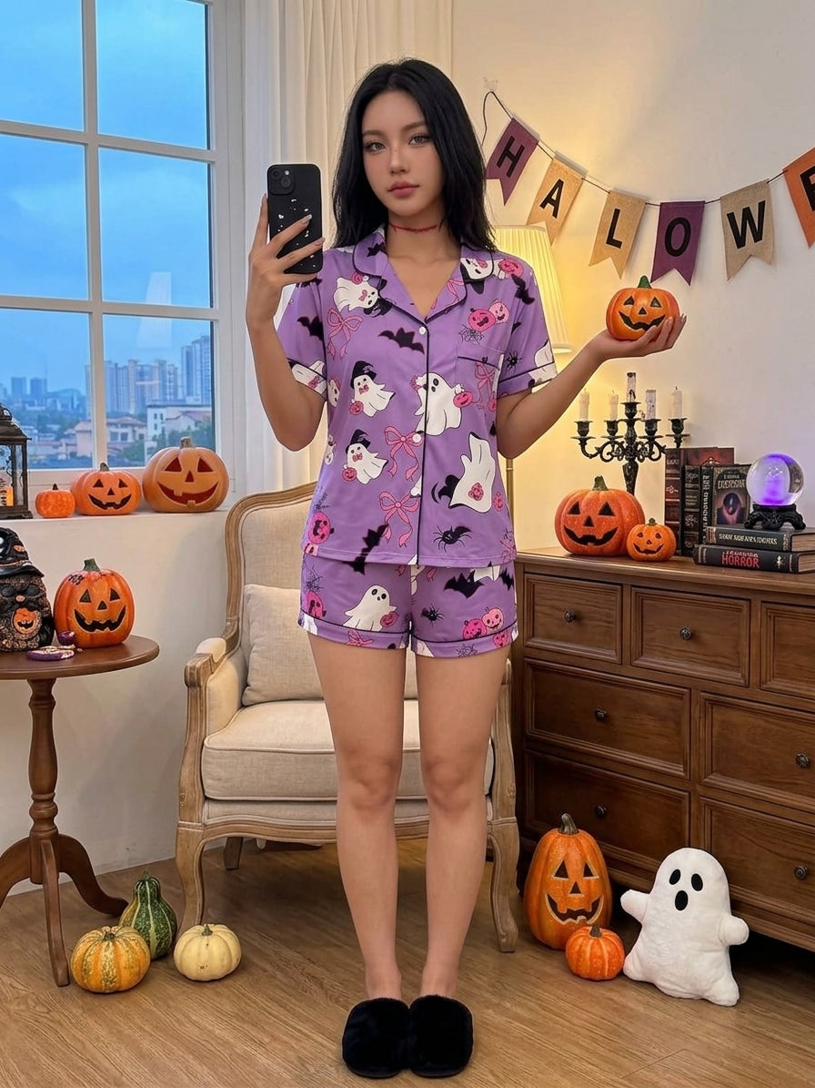 Halloween Ghost Print Button-Down Top and Shorts Lounge Set