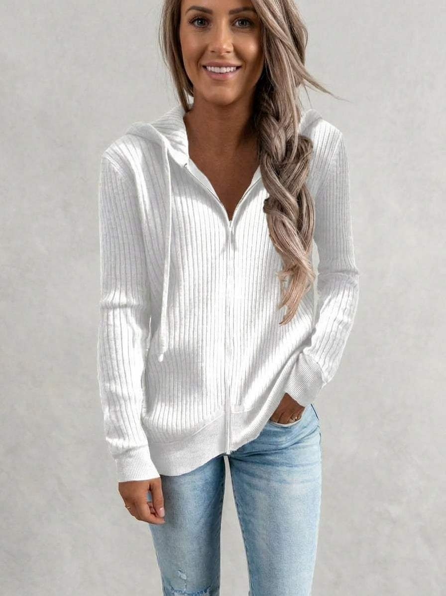 Full Size Ribbed Knit Zip-Up Hooded Cardigan Plus Size