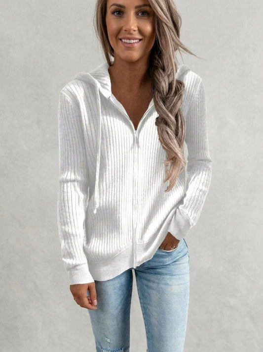Full Size Ribbed Knit Zip-Up Hooded Cardigan Plus Size