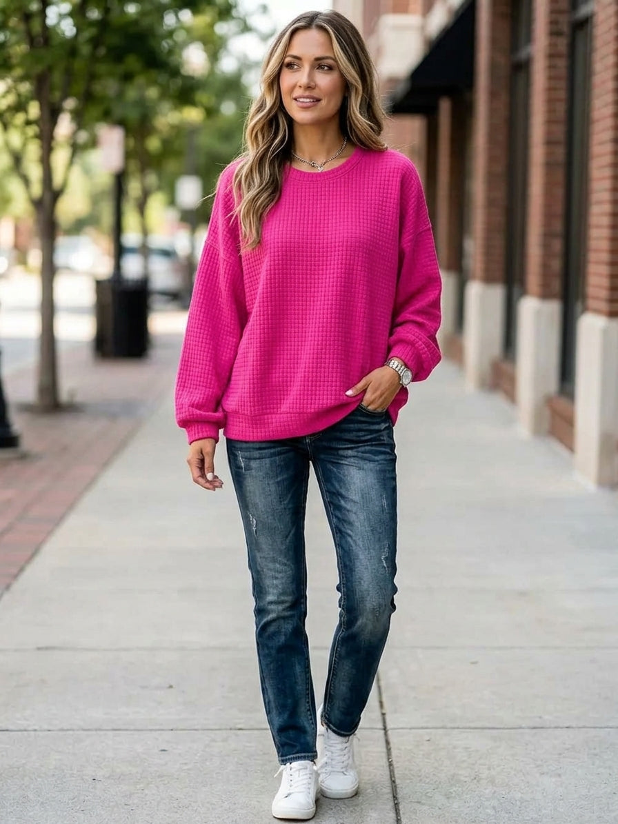 Full Size Waffle Knit Long Sleeve Crew Neck Sweatshirt Plus Size