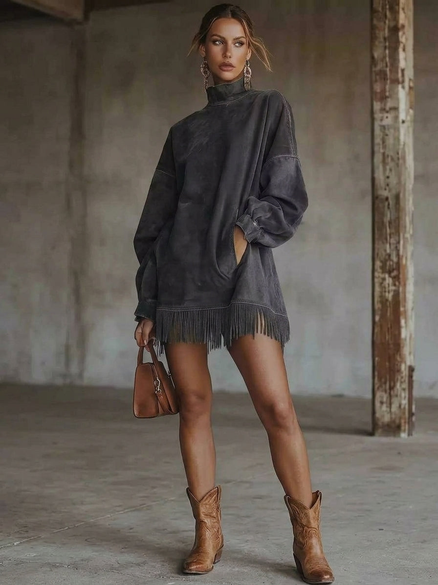 Full Size Mock Neck Fringed Hem Long Sleeve Mini Dress Plus Size