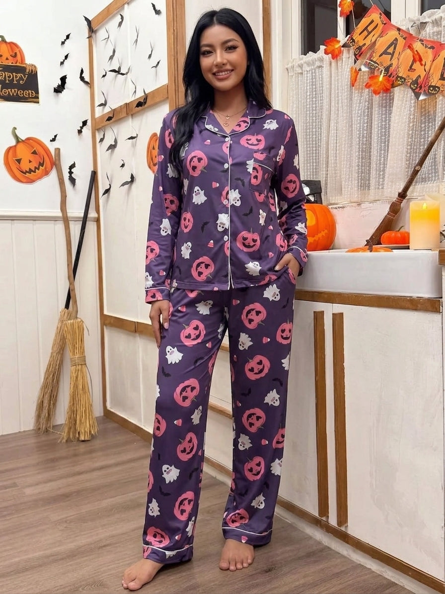 Halloween Pumpkin Print Button-Down Top and Pants Set