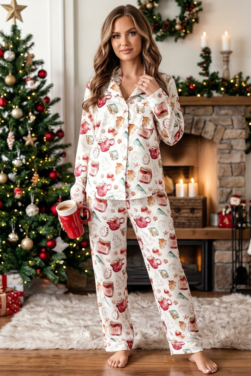 Printed Collared Neck Top and Pants Lounge Set