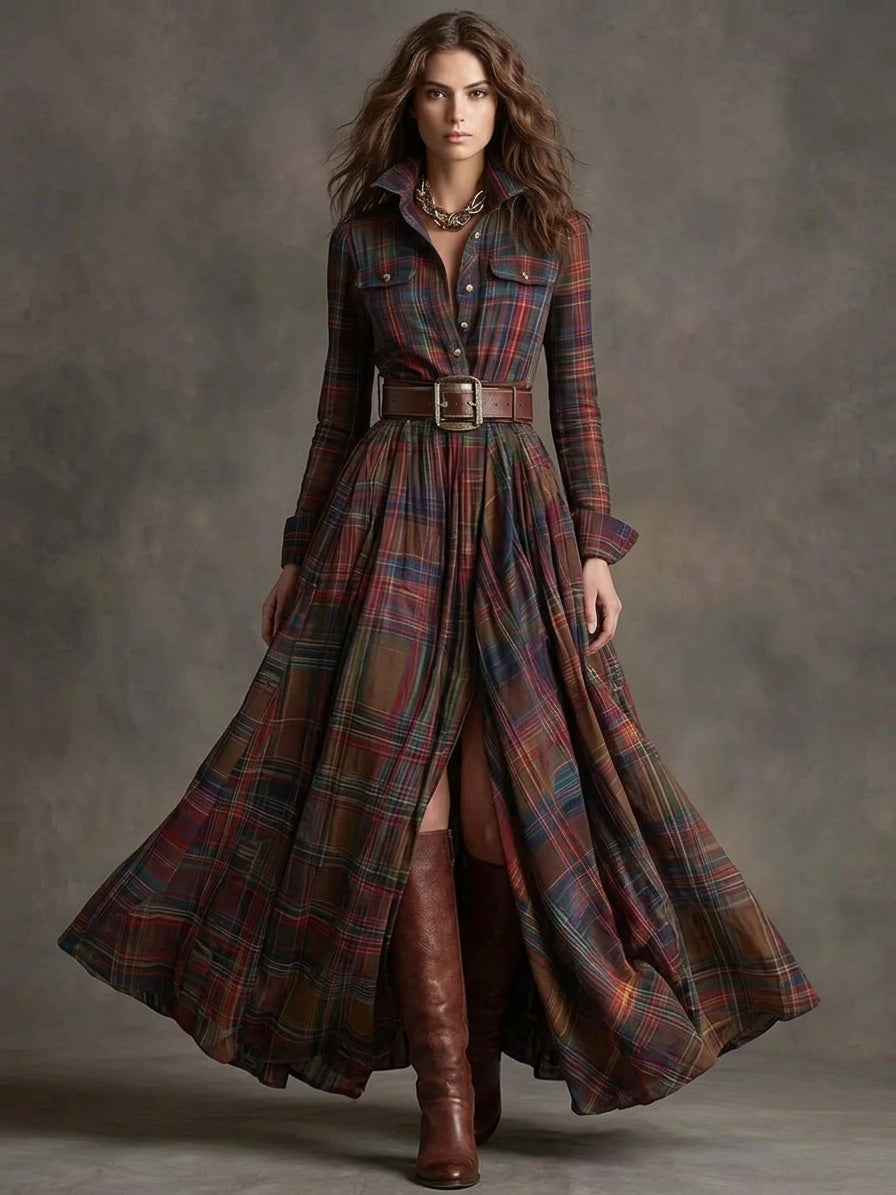 Full Size Plaid Long Sleeve Shirt Maxi Dress Plus Size