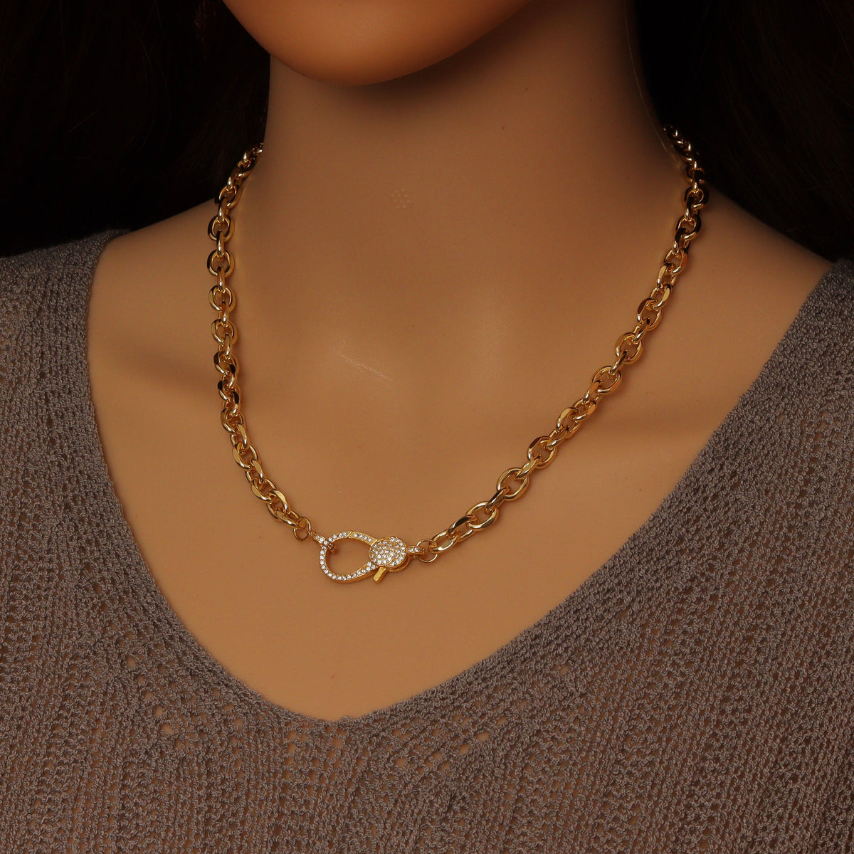 Thick square Rolo Chain with large cz clasp Necklace, sku#EF627