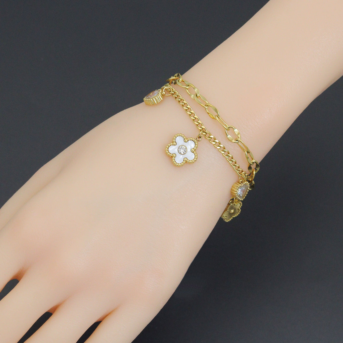 Gold Clover Heart Pendant Doule Link Chain Charm Bracelet, Sku#BXG19