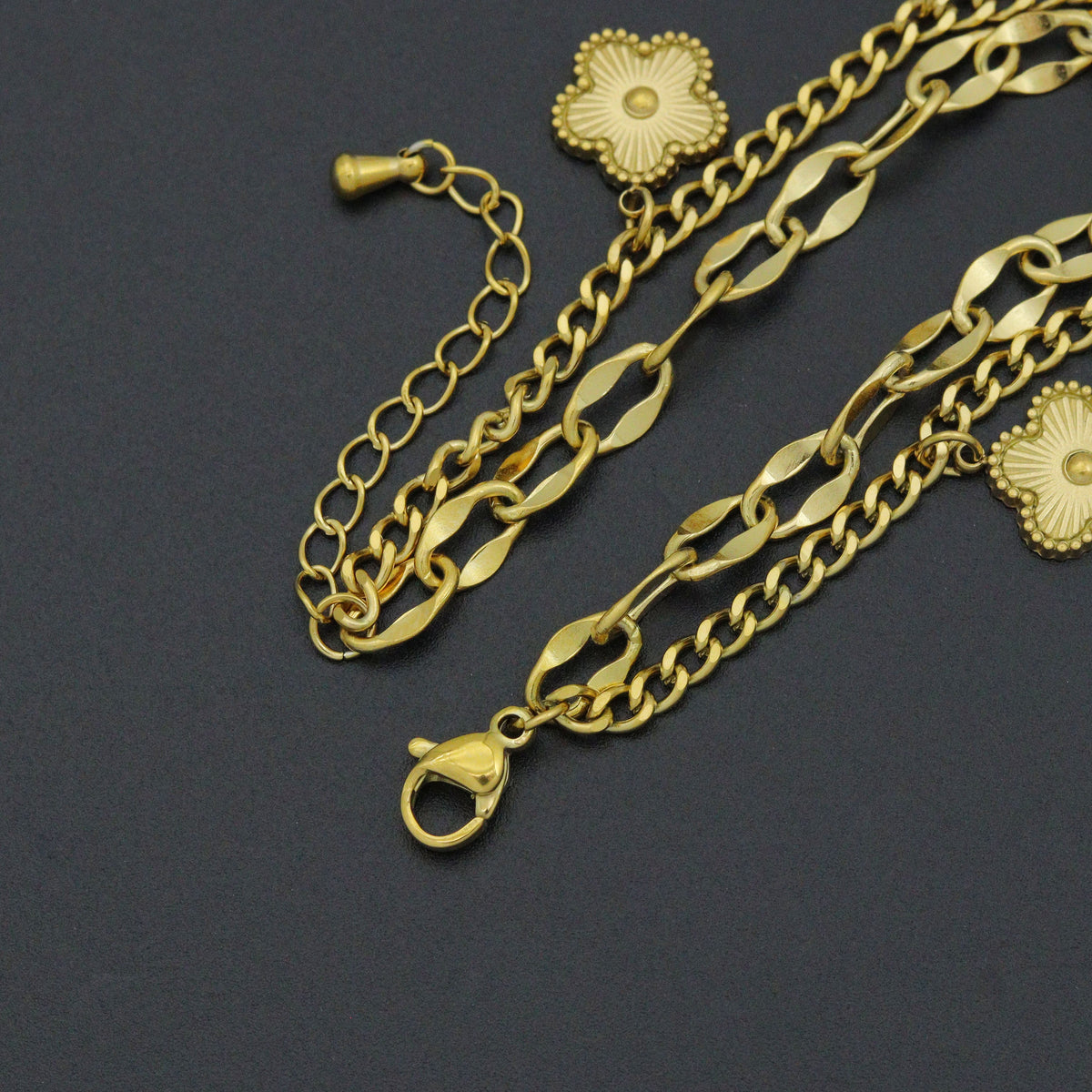 Gold Clover Heart Pendant Doule Link Chain Charm Bracelet, Sku#BXG19