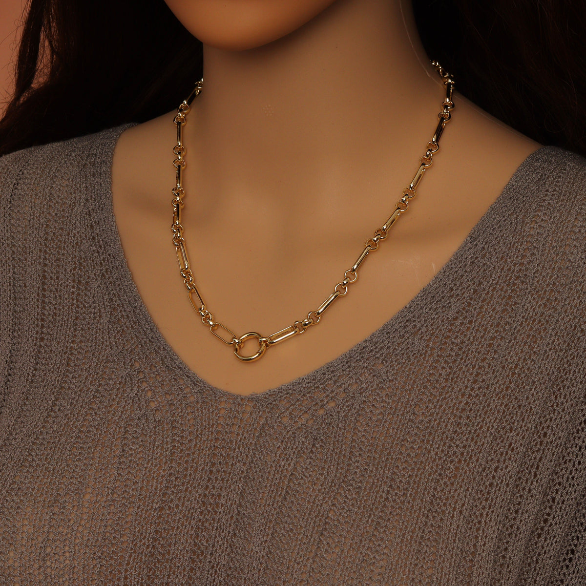 Mixed Papperclip Gold Link Chain necklace with Round Clasp, sku#EF804