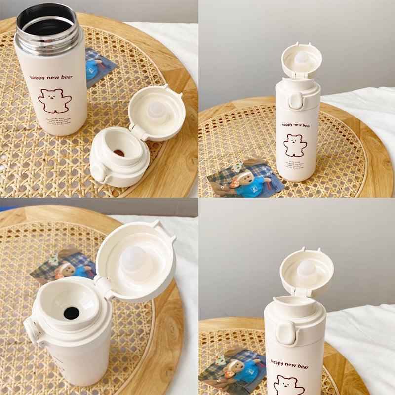 Cute Bear Water Bottle Double Wall Steel Flip Top Hydration Flask