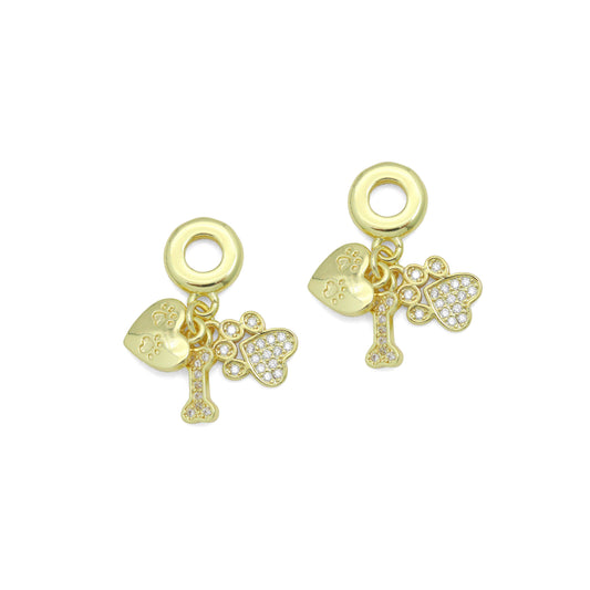 Clear CZ Gold Heart Paw Dog Bone Pendant Large Hole charm, Sku#LD774