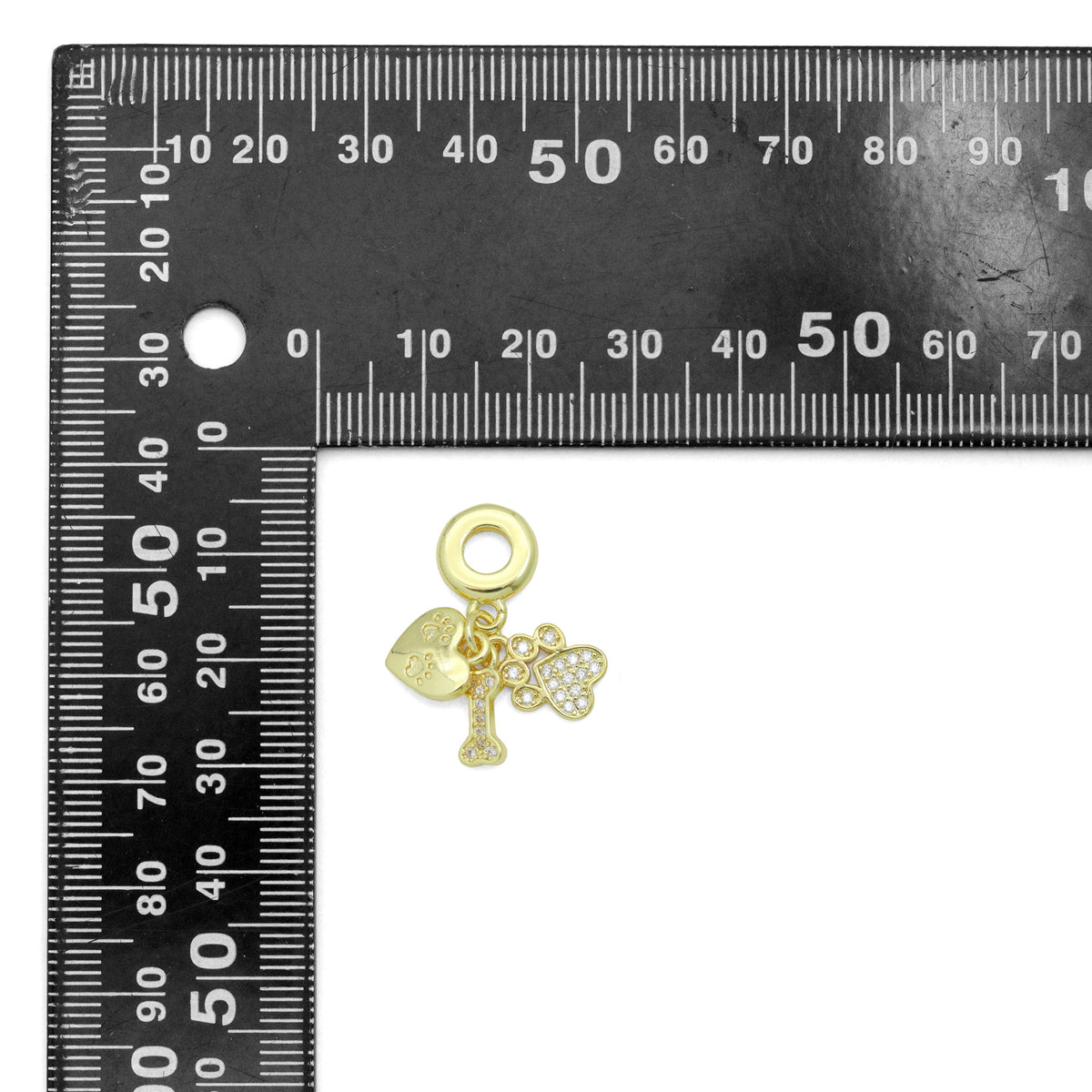 Clear CZ Gold Heart Paw Dog Bone Pendant Large Hole charm, Sku#LD774