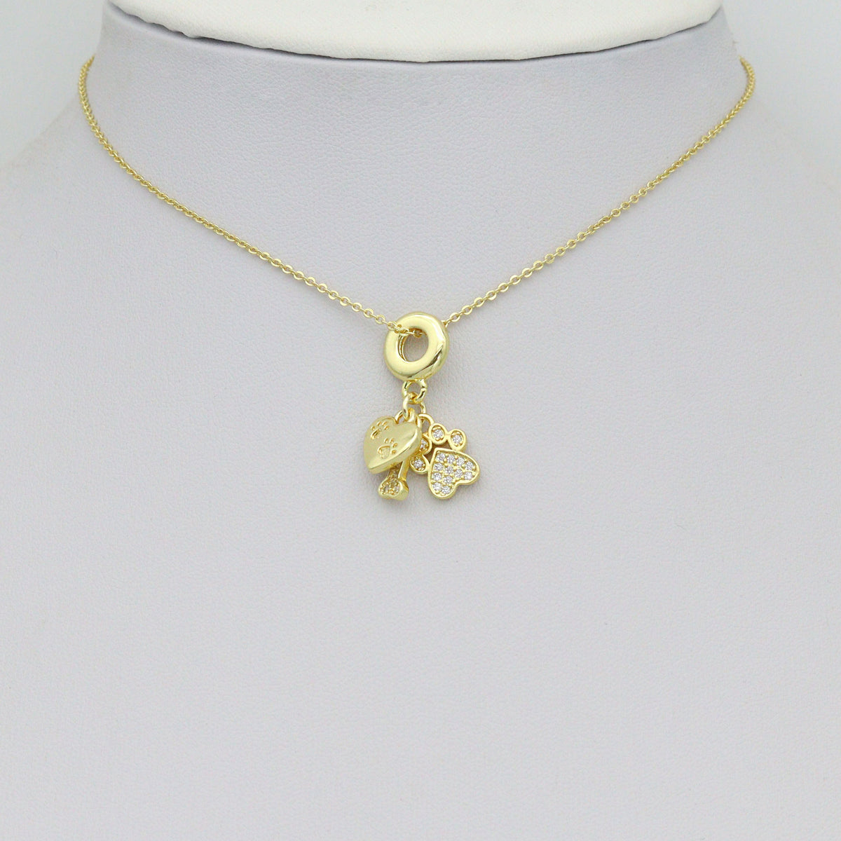 Clear CZ Gold Heart Paw Dog Bone Pendant Large Hole charm, Sku#LD774
