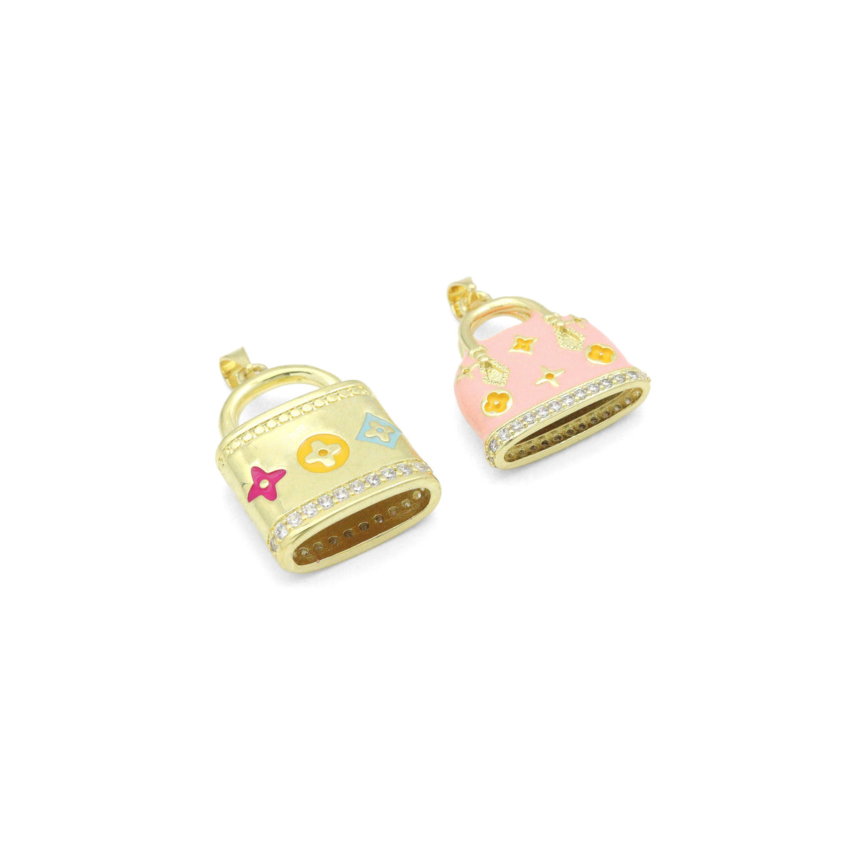 Gold Clear CZ flower Bag Purse Charm Pendant, Sku#LK1299