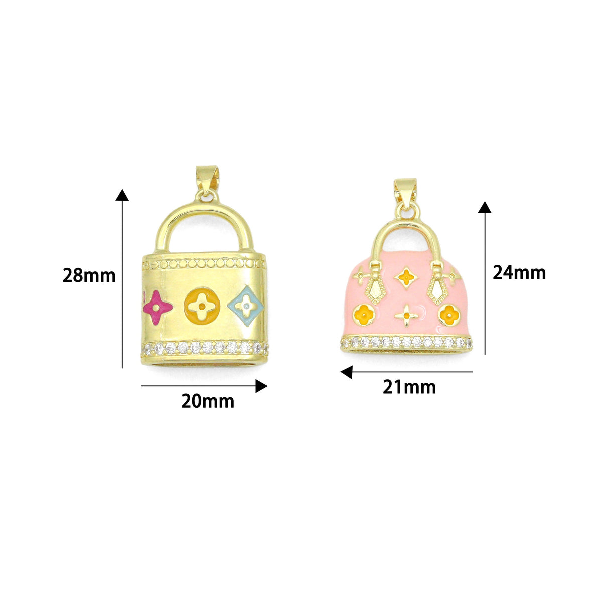Gold Clear CZ flower Bag Purse Charm Pendant, Sku#LK1299