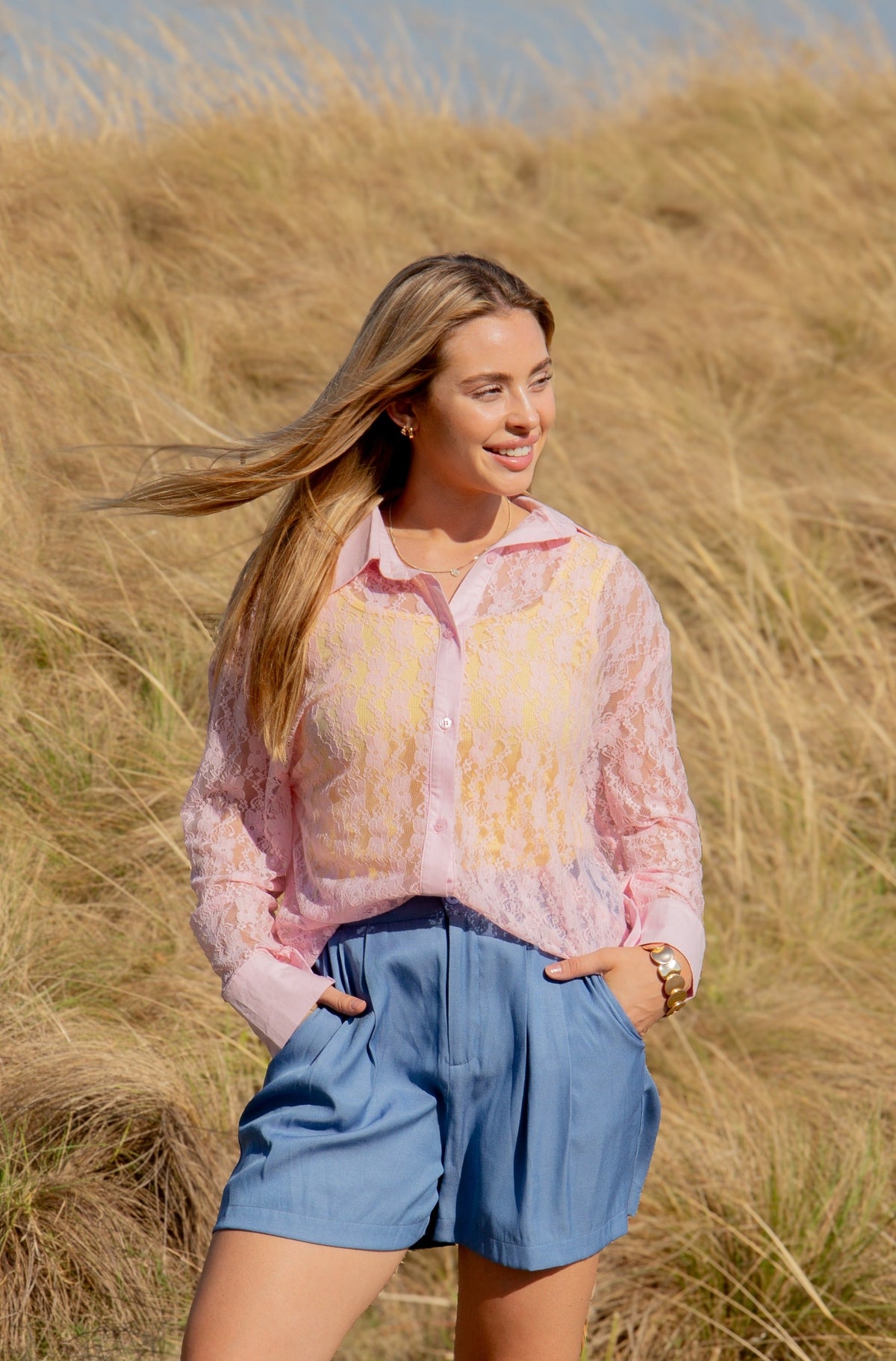 Kathryn Classic Button-Up, Light Pink Lace