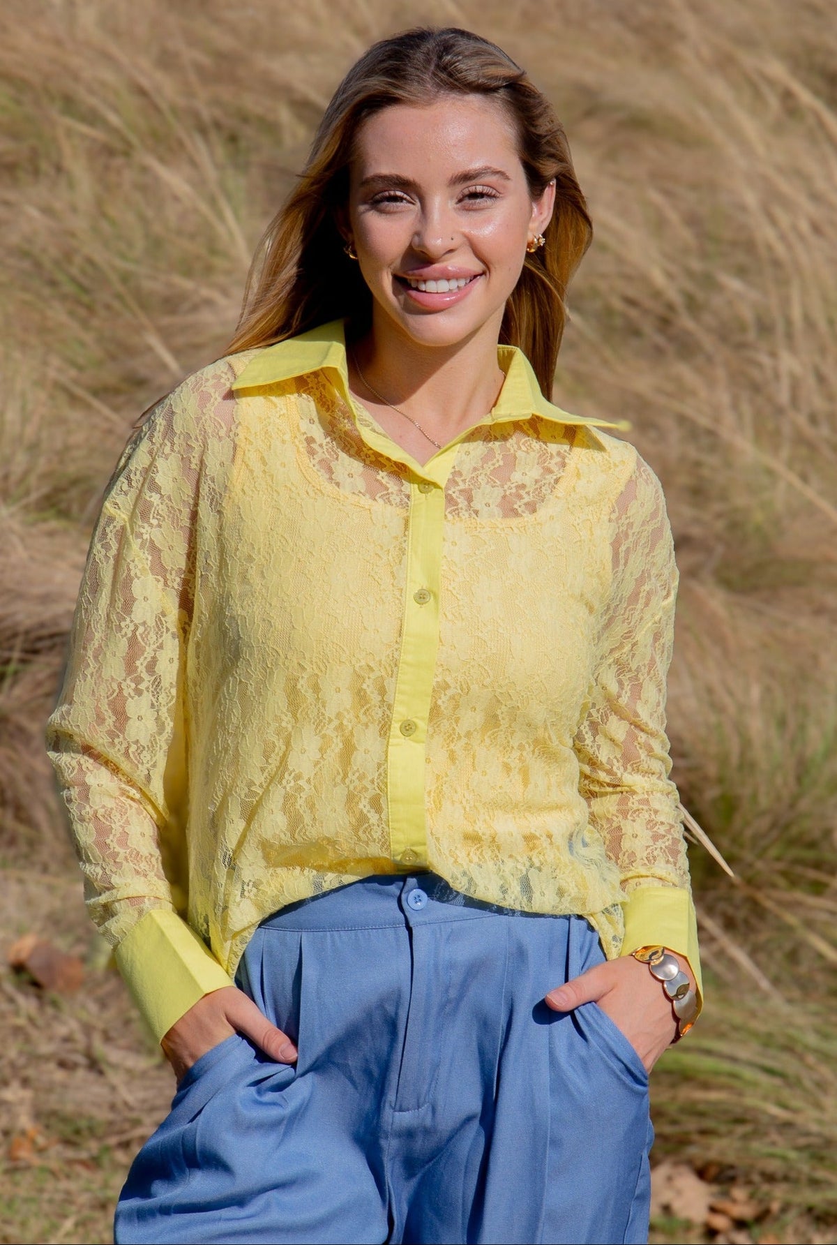 Kathryn Classic Button-Up, Yellow Lace