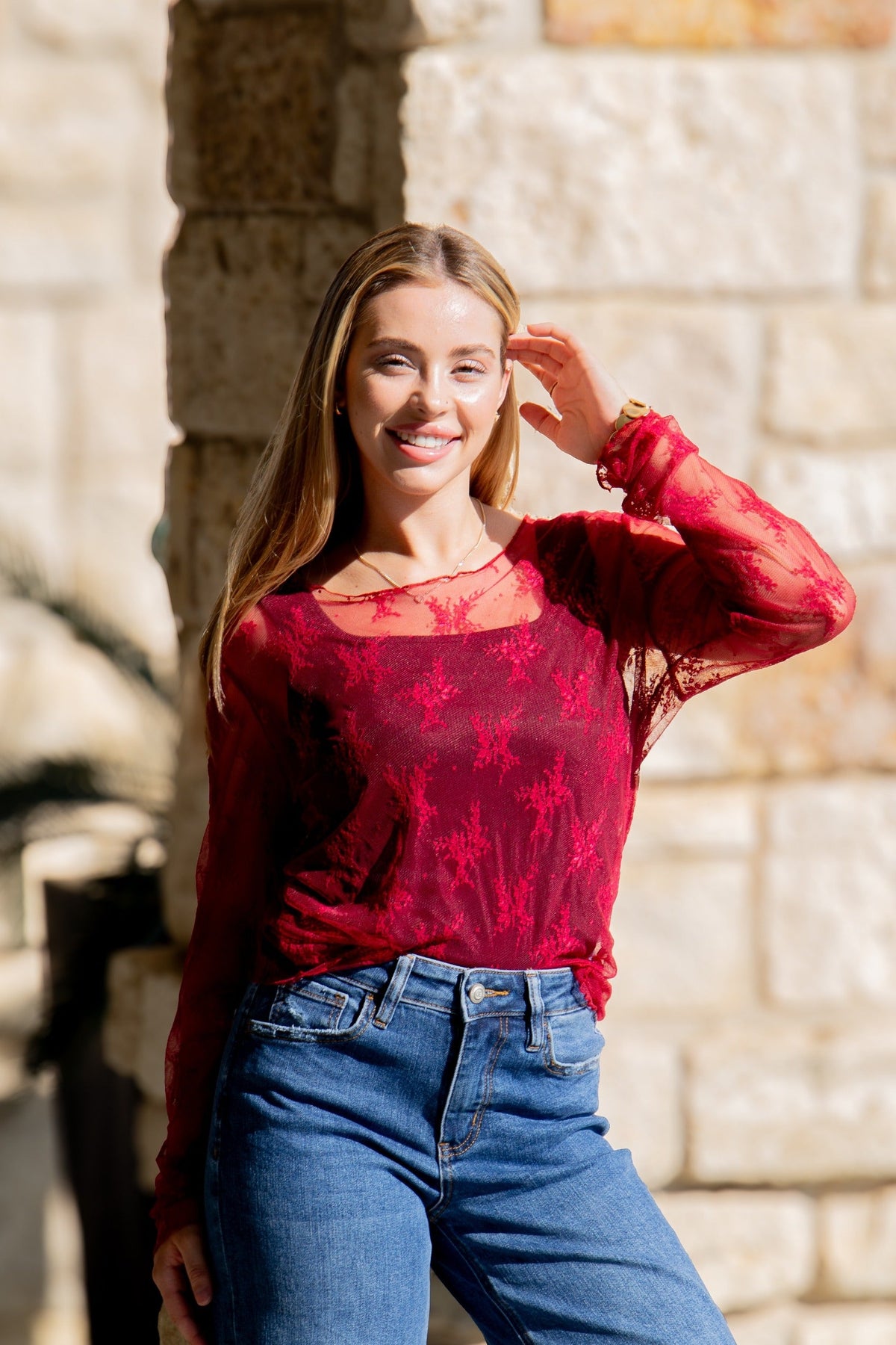 Lace Long-sleeve Top, Red