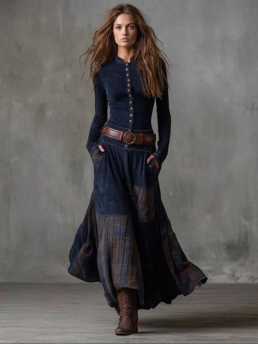 Full Size Button Front Plaid Patchwork Maxi Dress Plus Size