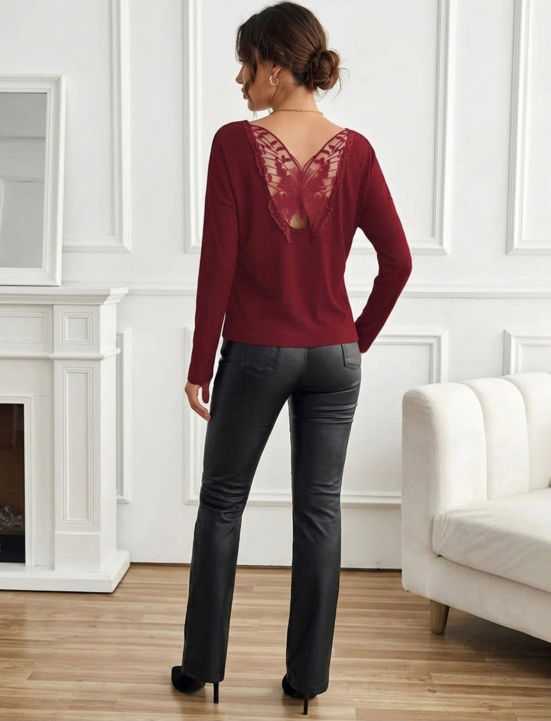 Lace Detail Butterfly Back Round Neck Long Sleeve T-Shirt