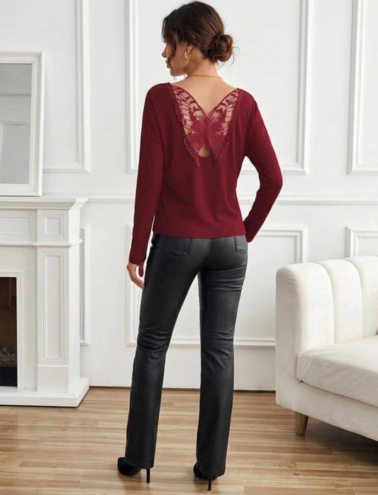 Lace Detail Butterfly Back Round Neck Long Sleeve T-Shirt
