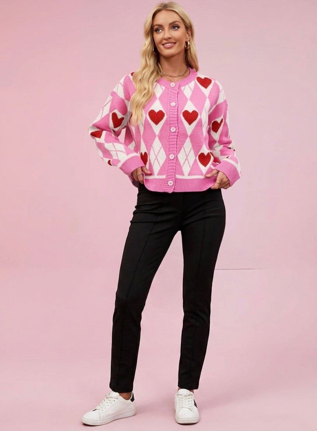 Argyle Heart Pattern Button-Up Knit Cardigan