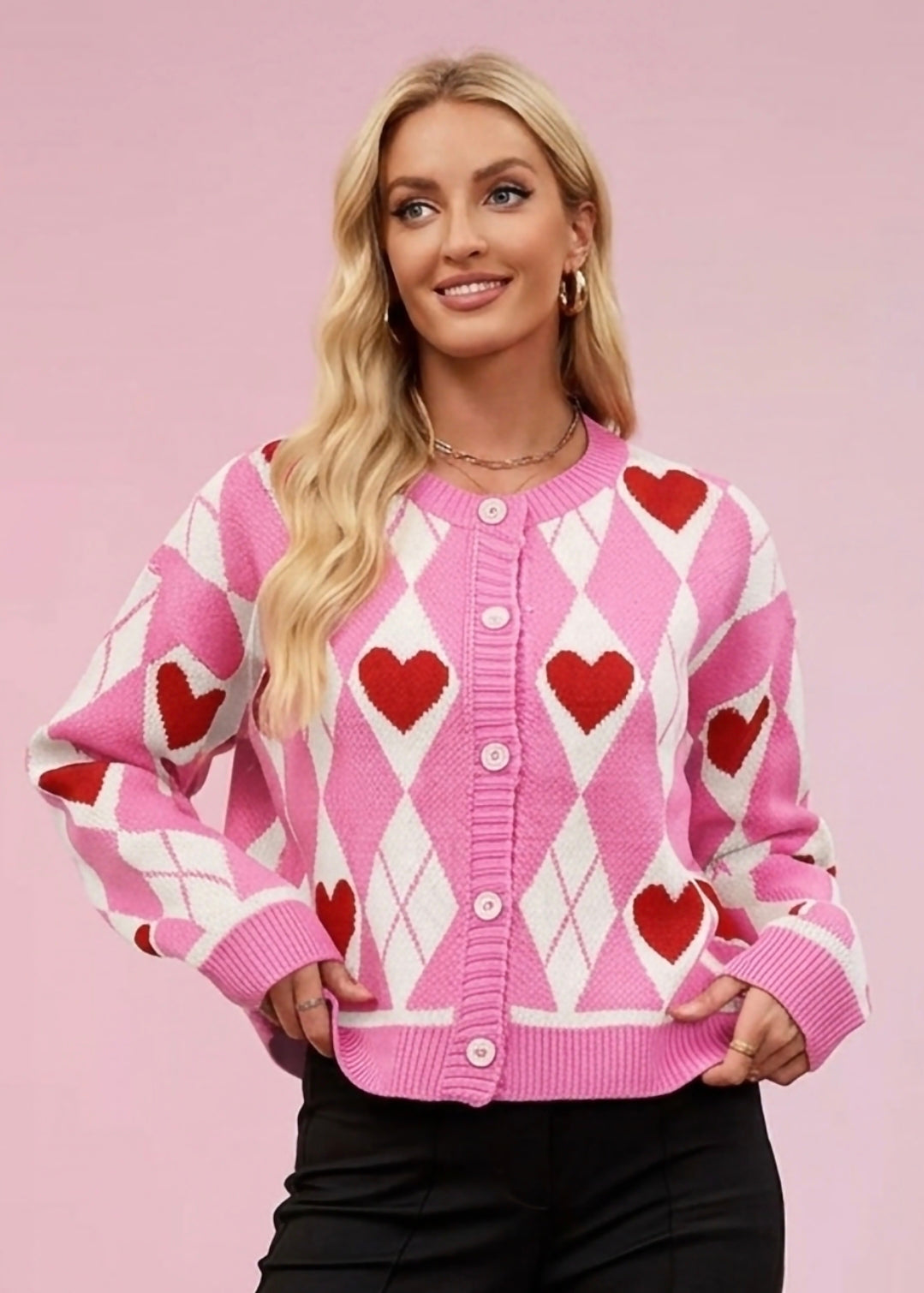 Argyle Heart Pattern Button-Up Knit Cardigan