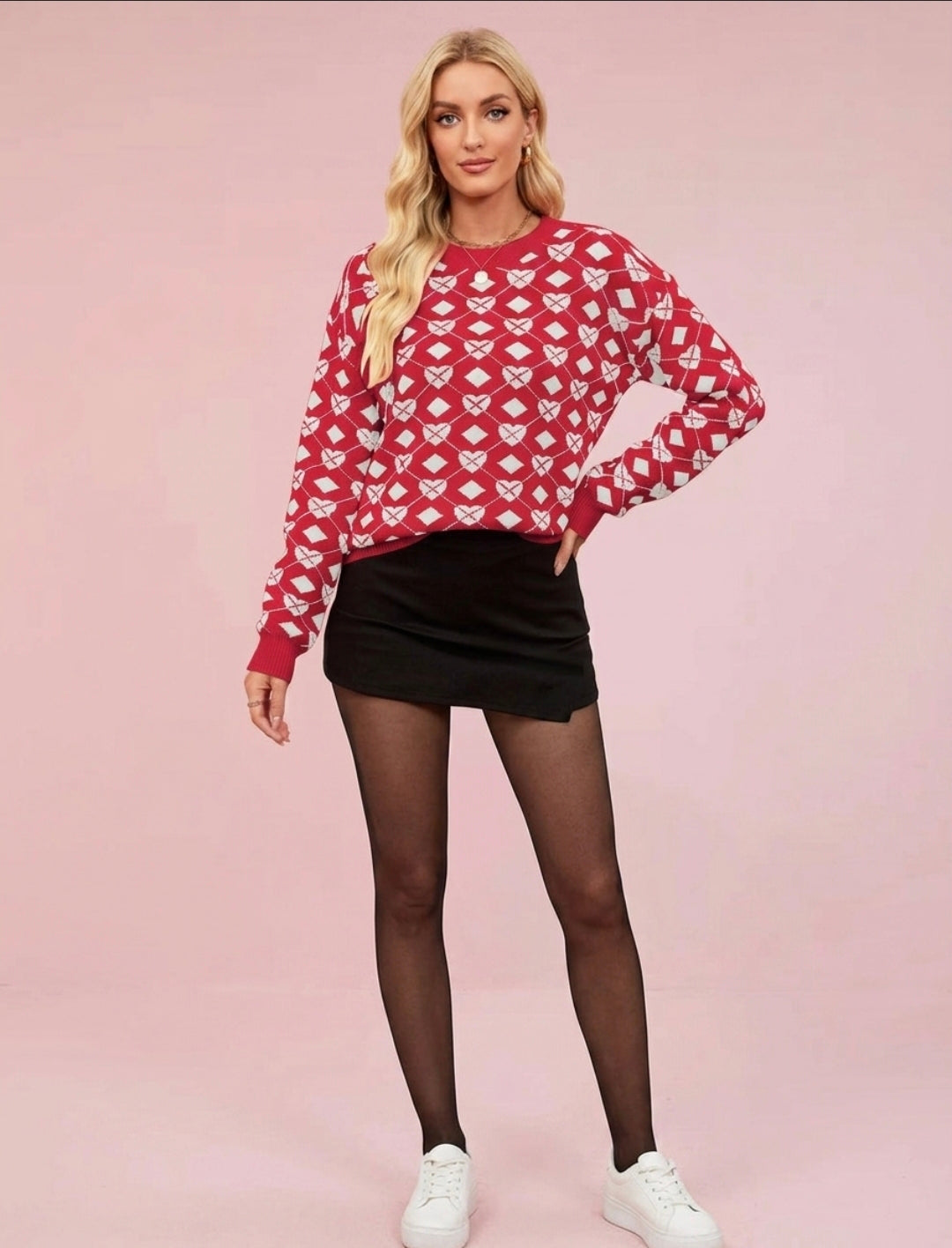 Heart Pattern Argyle Knit Long Sleeve Sweater