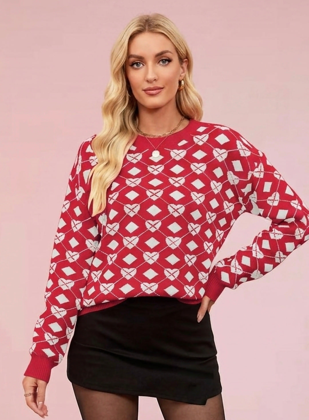 Heart Pattern Argyle Knit Long Sleeve Sweater