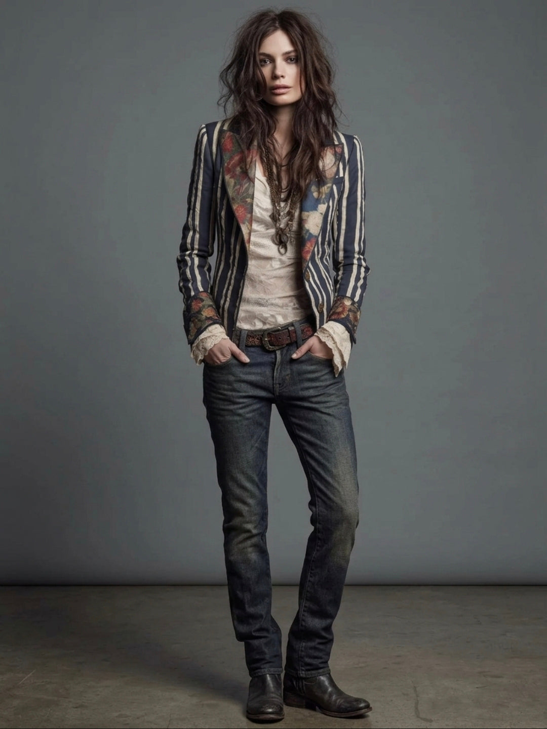 Striped Floral Contrast Slim Fit Blazer