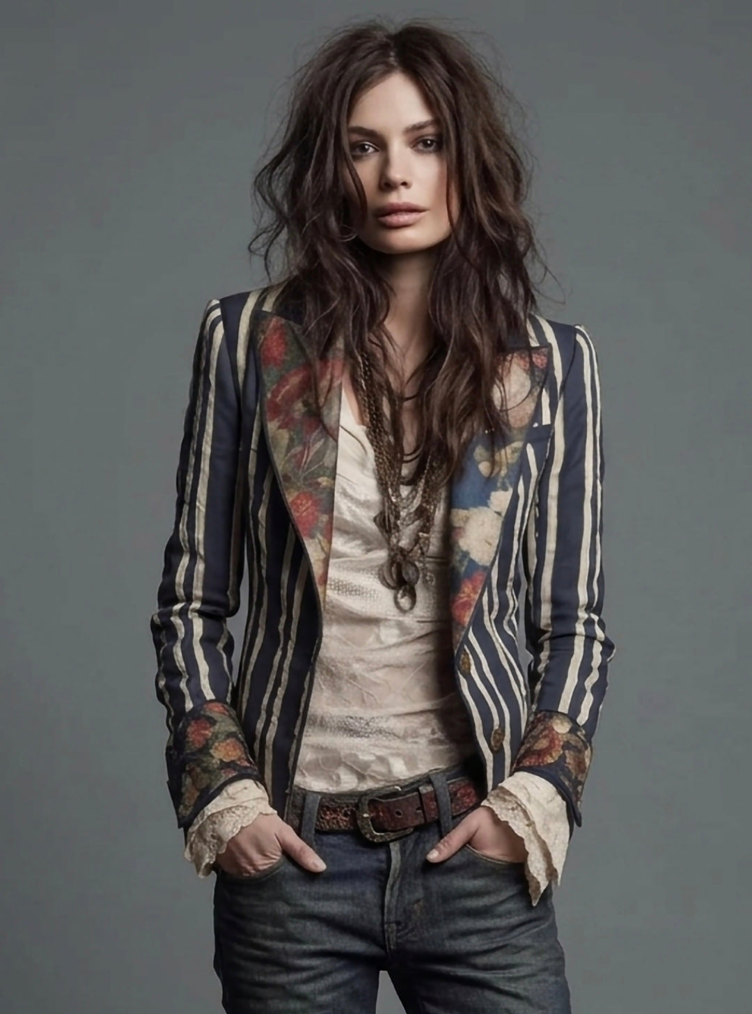 Striped Floral Contrast Slim Fit Blazer