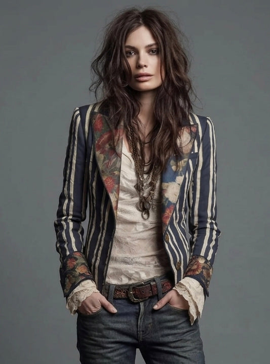 Striped Floral Contrast Slim Fit Blazer