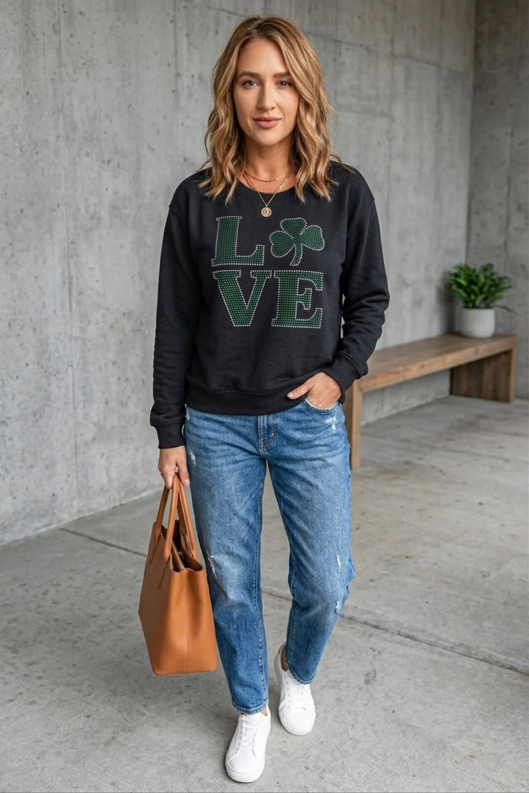 LOVE Rhinestone Clover Round Neck Sweatshirt